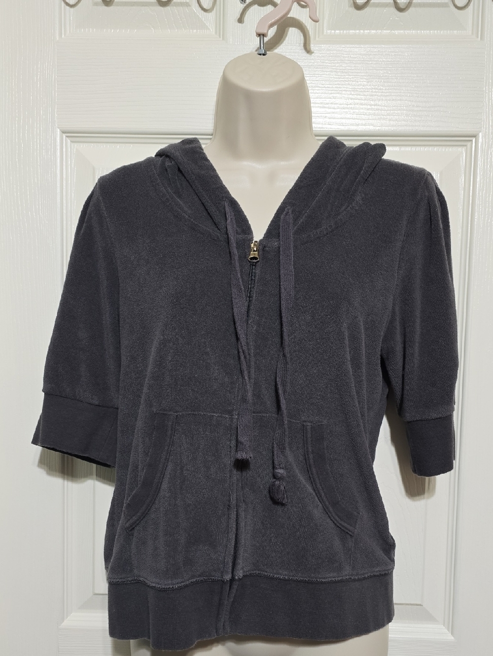 Mossimo Supply Co. Charcoal Short Sleeve Hooded Zip Sweatshirt